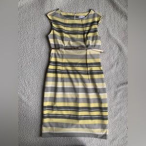 Calvin Klein dress, size 10, gray, white and yellow striped with gold belt.